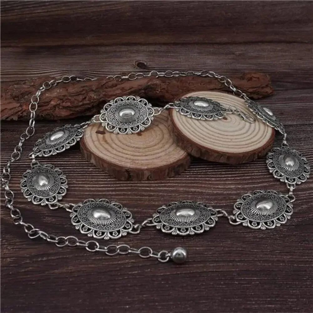 Sonya Western Concho Belt Cowgirl Necklace Dangle Earrings Jewelry set for Women
